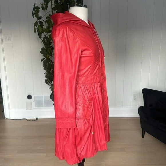 Vintage GENUINE Soft Coral Red Leather SCHAFSTALL Germany Parka Coat size 38 - Picture 2 of 16